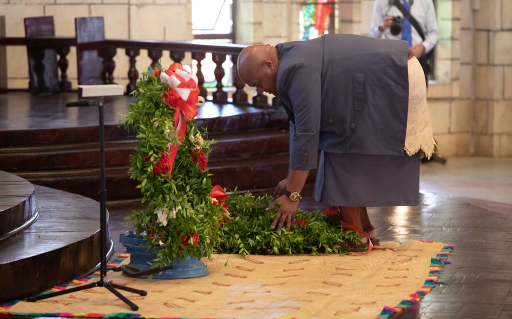 A wreath being laid at St Mary's Cathedral in Tonga during a service to commemorate the first anniversary of the devastating Hunga Tonga-Hunga Ha'apai volcanic eruption which took place on 15 January 2022.