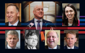 Prime Minister Christopher Luxon, centre, with (clockwise from top right), former prime ministers Jacinda Ardern, Chris Hipkins, Mike Moore, David Lange, Bill English and John Key.