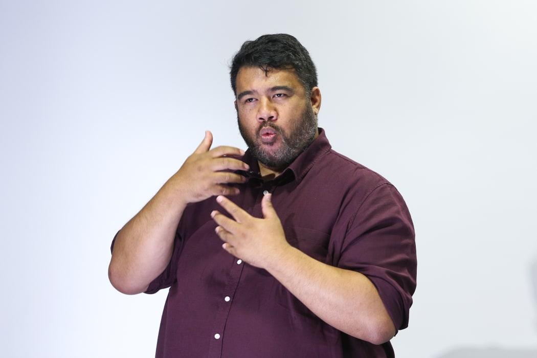 Sign-language interpreter Alan Wendt translates during a press conference at Parliament on April 05, 2020. New Zealand was placed in complete lockdown and a state of national emergency was declared on Thursday 26 March to stop the spread of COVID-19 across the country.