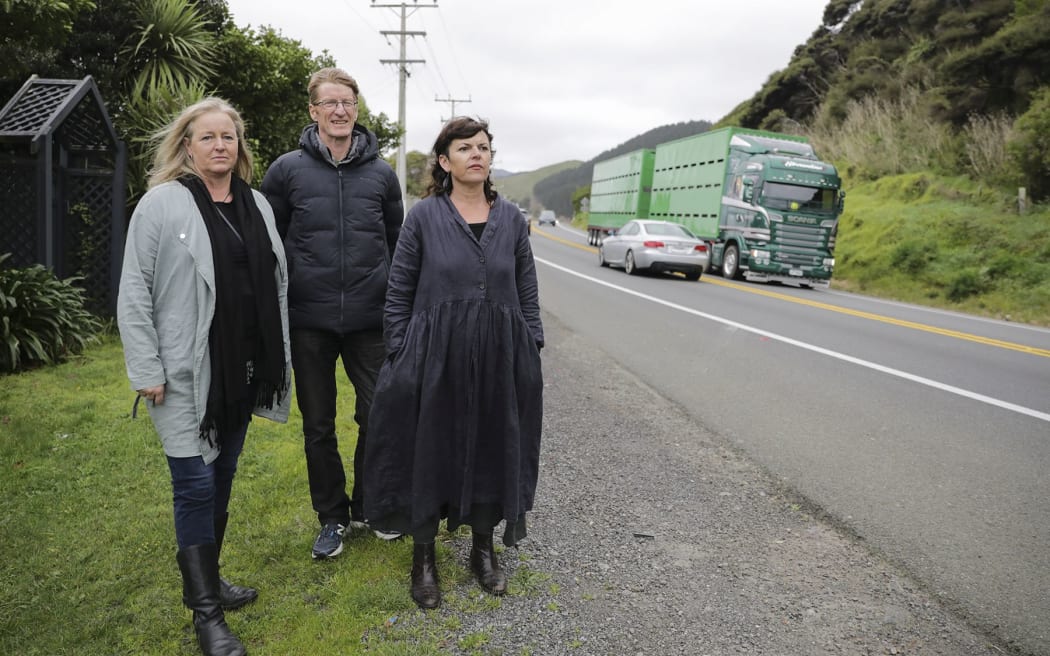 Kāpiti Coast Deputy Mayor Janet Holborow, NZTA regional transport systems manager Mark Owen and Paekākāriki community board member Holly Ewens at one of the traffic hotspots.