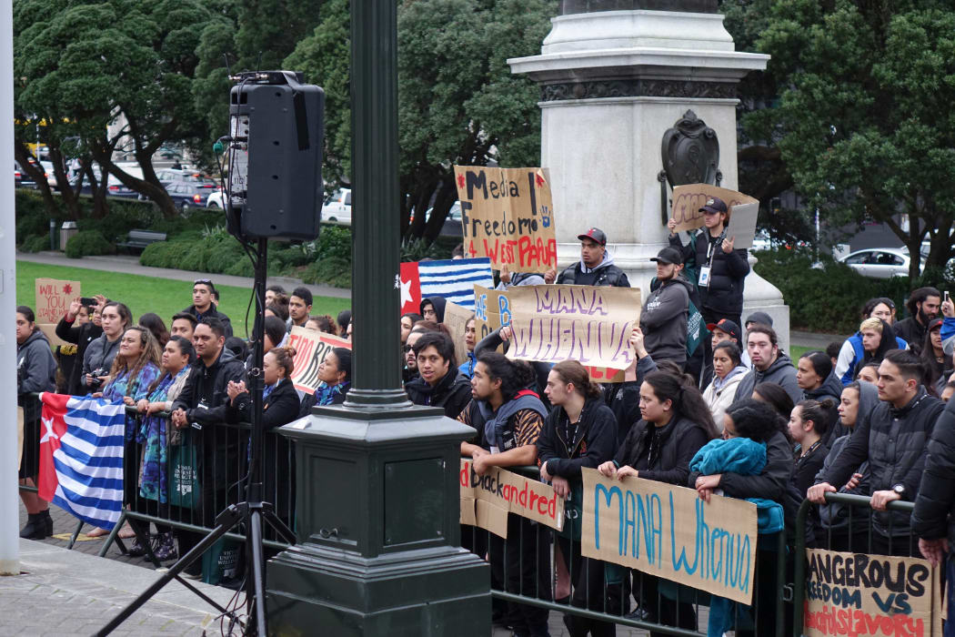 Hundreds of Māori students demonstrate support for West Papuan human rights outside New Zealand's parliament, 25 August 2016.