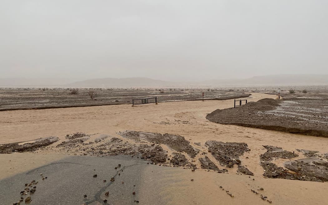 Monsoonal rain floods the usually bone-dry Mud Canyon in Death Valley National Park, California on 5 August, 2022.