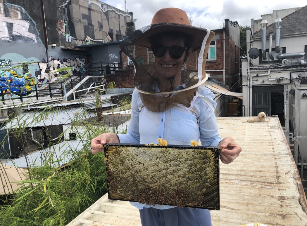Sharon Brettkelly gets a close up look at an urban bee hive.