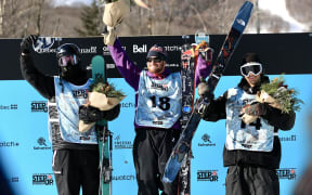 Men’s Freeski Slopestyle World Cup podium in Stoneham. [L-R] Luca Harrington (NZL) 2nd, Matej Svancer (AUT) 1st, Ben Barclay (NZL) 3rd.