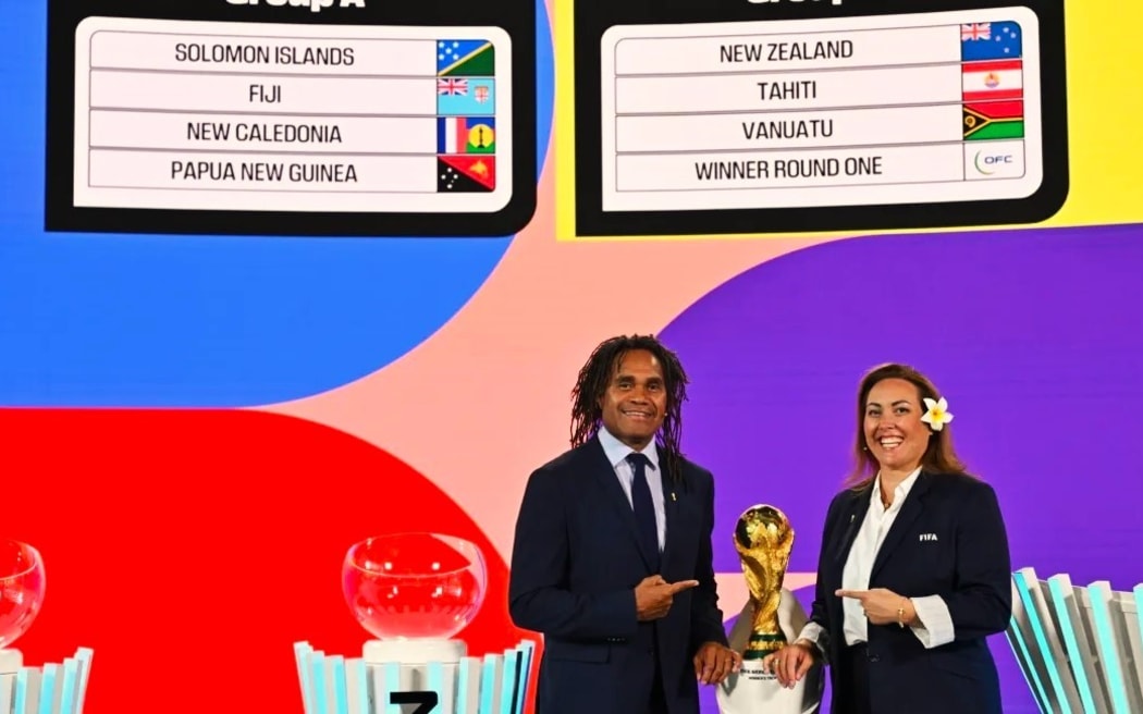 Christian Karembeu and Dame Sarai Bareman OFC Preliminary Draw for the FIFA World Cup 26  FIFA Zurich headquarters on July 18, 2024.
