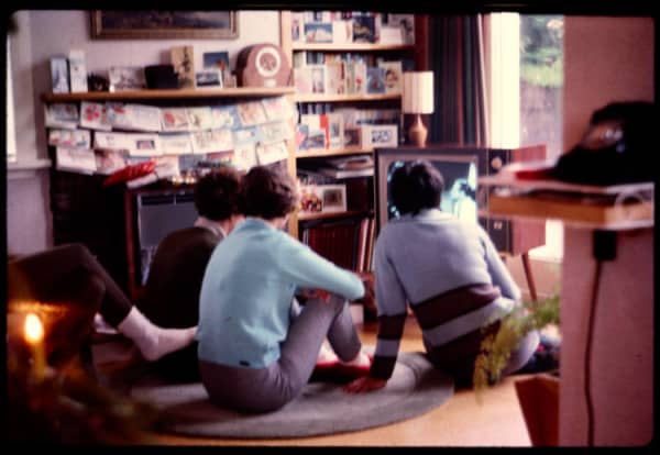 Diane, Elizabeth and Pamela Clark watching television at Taipakupaku, 1966.