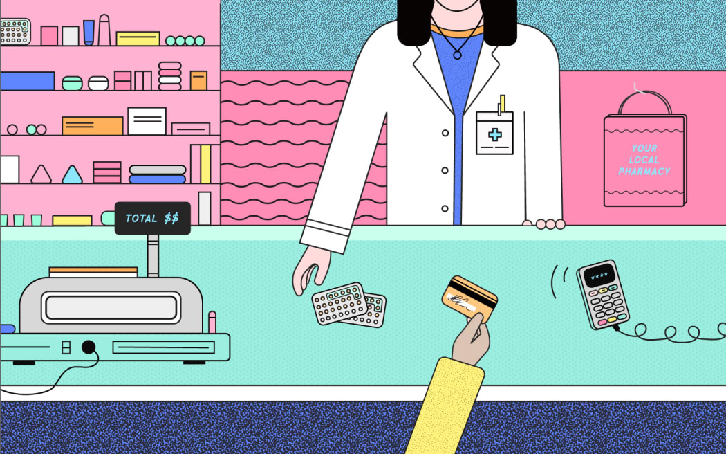 Illustration showing woman buying the contraceptive pill at a pharmacy.
