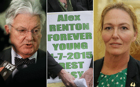 Left to right: Peter Dunne, a sign for Alex Renton, Alex's mother Rose