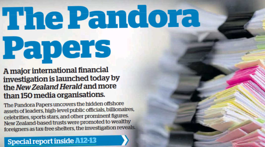 The New Zealand Herald headlines Matt Nippert's Pandora Papers work last Monday.