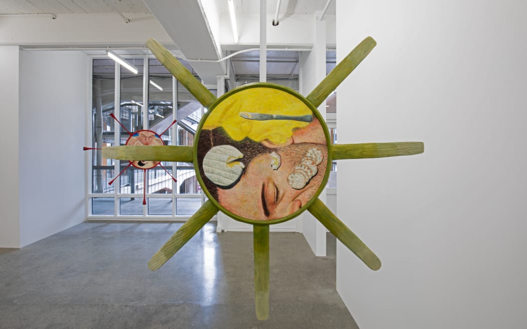 Owen Connors. Greetings, you who are highly favoured!, 2021, egg tempera on board, hand-carved lacquered ash frame. Robert Heald Gallery.