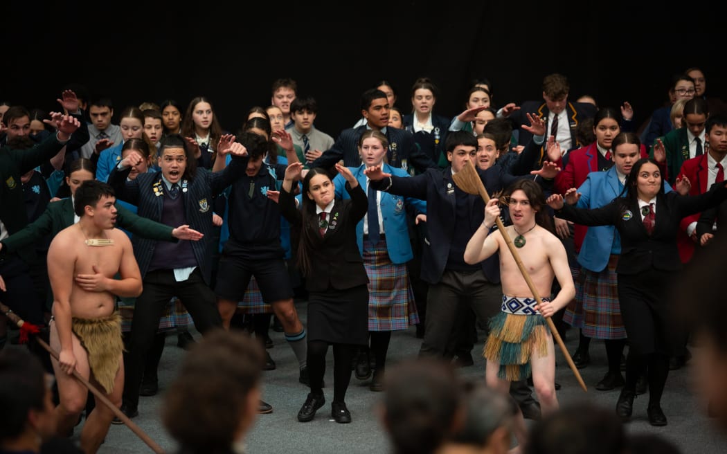 Attendees of a pōwhiri held as part of Te Whakataetae ā-Motu mō Ngā Manu Kōrero 2023 ki Ōtākou, a speech competition which took place at Dunedin's Edgar Centre from 19-21 September, 2023.