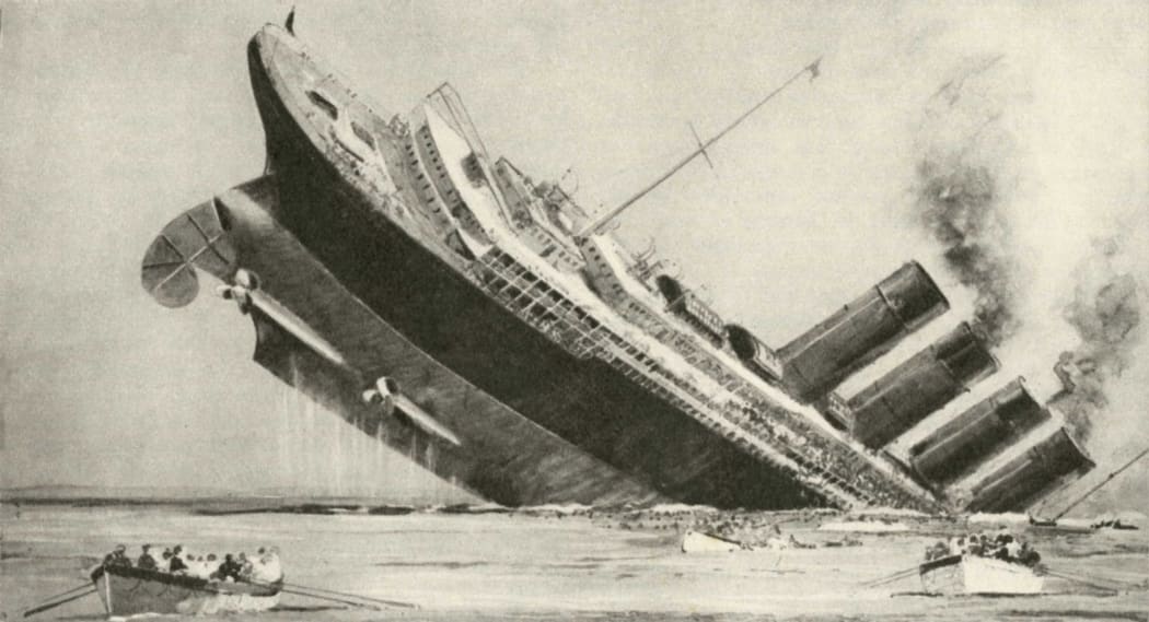 Punch cartoon on the sinking of the Lusitania, 1915. A German submarine torpedoed the Lusitania off the Irish coast on 7 May 1915.