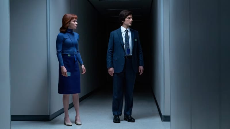 Britt Lower and Adam Scott in Severance, on Apple TV+.