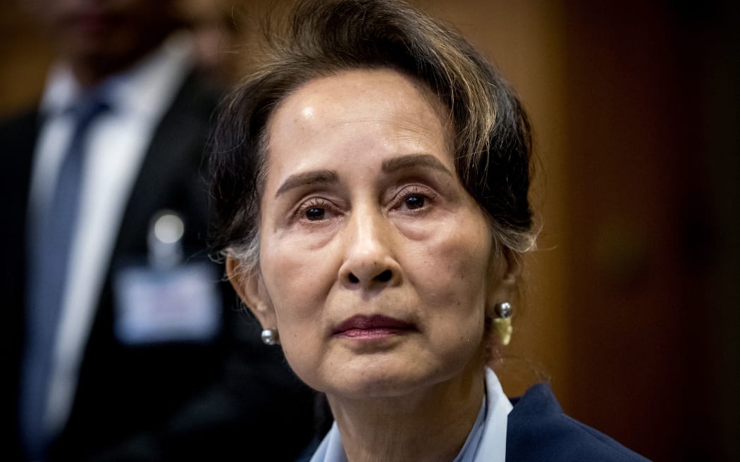 Myanmar's State Counsellor Aung San Suu Kyi looks on before the UN's International Court of Justice on December 11, 2019 in the Peace Palace of The Hague, on the second day of her hearing on the Rohingya genocide case. Aung San Suu Kyi appears at the UN's top court today, a day after the former democracy icon was urged to "stop the genocide" against Rohingya Muslims. Once hailed internationally for her defiance of Myanmar's junta, the Nobel peace laureate will this time be on the side of the southeast Asian nation's military when she takes the stand at the International Court of Justice.