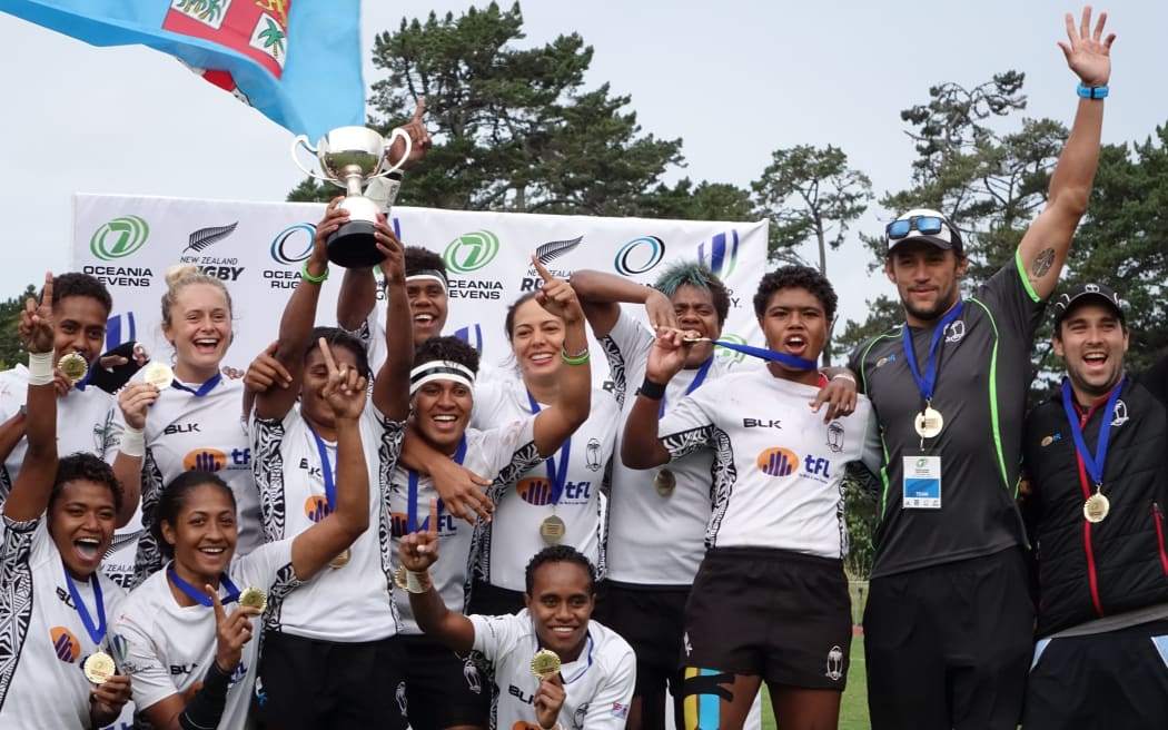 The Fijiana celebrate winning the Oceania Sevens Championship and qualifying for the Rio Olympics.