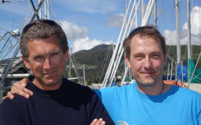 Plankton Planet New Zealand team member Emmanuel Malpot (left) and marine biologist Xavier Pochon at the Nelson marina.