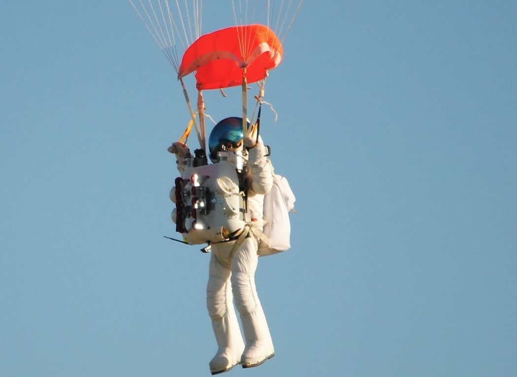 Google executive Alan Eustace after a record-breaking 135,908 foot, or 41,000 meter space dive, parachuting back to Earth