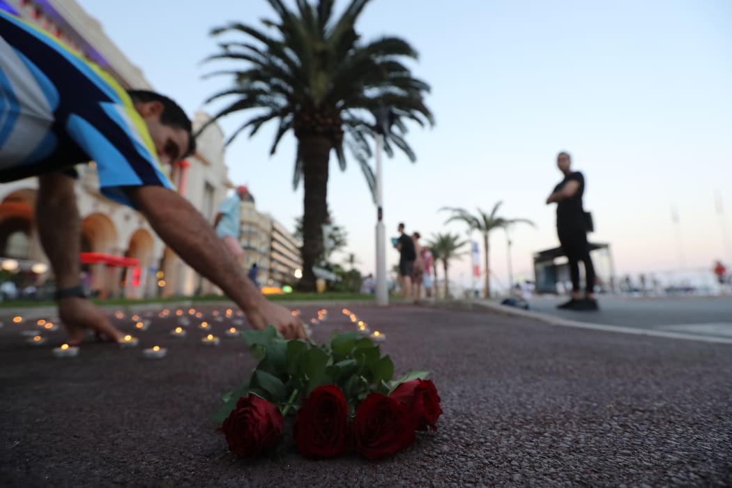 A wreath is laid at the promenade where, in 2016, a truck was driven into crowds celebrating Bastille Day in Nice, France, killing 86 and injuring 458 people.