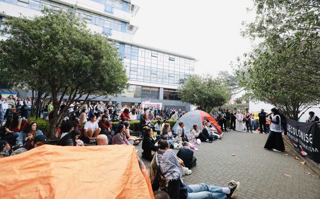 Students gather at Auckland University's city campus to rally against Israel's war in Gaza on 1 May 2024.