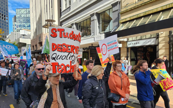 Striking teachers march through Wellington on May 10, 2023.