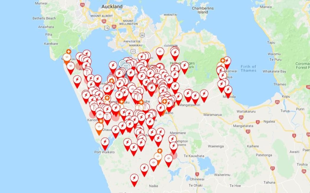 A screenshot from Counties Power's website showing the extent of outages in the upper North Island.