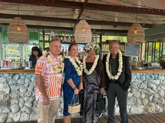 Left to right: PM Mark Brown, his wife wife Daphne, Cooks Islands MP Akaiti Puna and Forum secretary-general Henry Puna in Rarotonga. 2 November 2023.