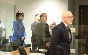 Brian Tamaki (centre) with his wife Hannah Tamaki (right), with Kaleb Cave (second from left) and Jennifer Marshall (left)