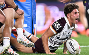 Reece Walsh scores a try for the Brisbane Broncos during the NRL grand final against the Melbourne Storm, October 5, 2025. (AAP Image/Dan Himbrechts/Photosport)