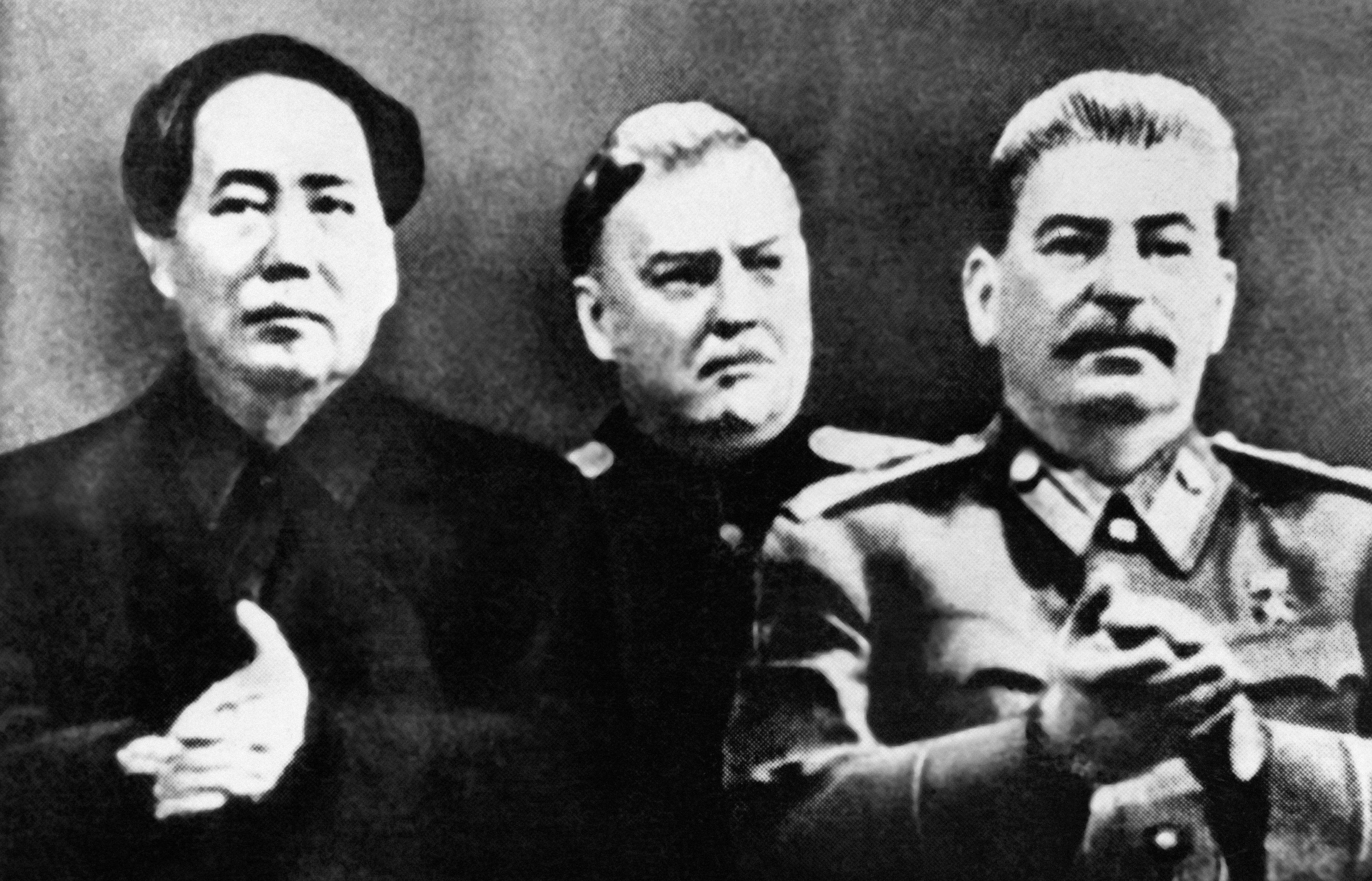 Chinese President Mao Zedong, Deputy Prime Minister of the Soviet Union Nikolai Alexsandrovich Boulganin and Soviet leader Joseph Stalin during the XXIIth Congress of the Communist Party in 1949.
