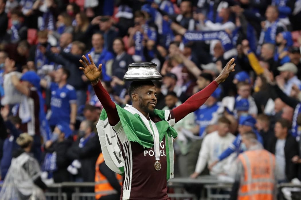 Leicester City's Nigerian striker Kelechi Iheanacho celebrates on the pitch as the Leicester players celebrate victory after the English FA Cup final football match between Chelsea and Leicester City at Wembley Stadium in north west London on May 15, 2021.