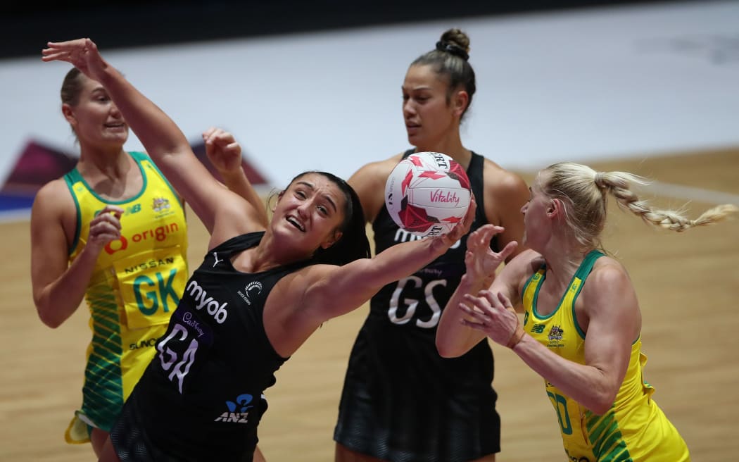Tiana Metuarau of New Zealand Silver Ferns v Australia Diamonds, 2022 Quad Series, London.