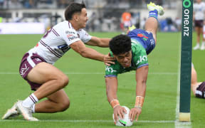 Warriors player Harry Tauafiafi-Iutoi scores a try, NRL Pre Season Challenge, NZ Warriors v Sea Eagles. McLean Park, Napier. Saturday 14 February, 2026
