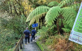 Police walk down steps towards the Abbey Caves, Whāngarei, after  searchers looking for a Whangārei Boys' High School student recovered a body.