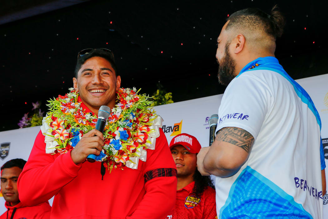 Jason Taumalolo addresses the crowd at the fan day at Mangere East Rugby League Club