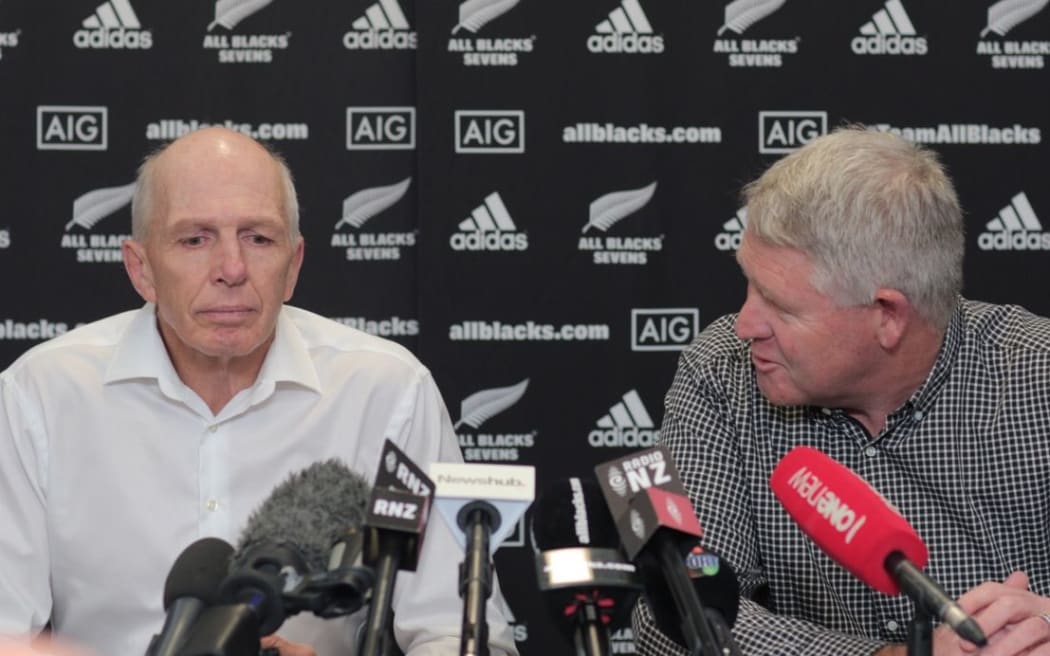 Sir Gordon Tietjens (left) announces his retirement from his role as coach of the All Black sevens, with New Zealand Rugby chief executive Steve Tew.