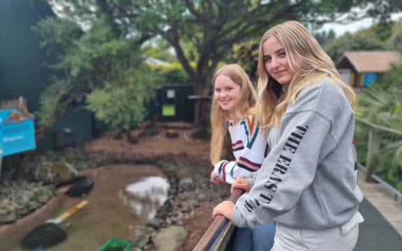 University students Maddie Strachan, foreground, and Isla Smale didn't think the otters had a problem being looked over.