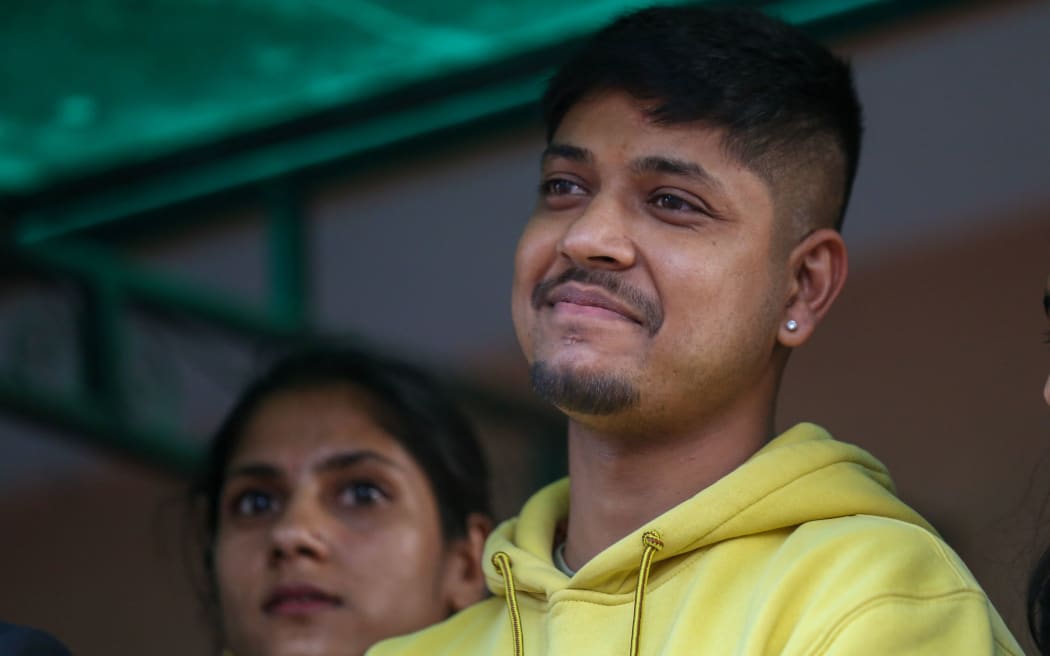 Sandeep Lamichhane, Nepal&#039;s leg-spinner cricketer, is attending a briefing alongside his legal team after being acquitted in a rape case by the Patan High Court in Lalitpur, Nepal, on May 15, 2024. The former captain of the Nepali team was accused of rape by a minor in 2022. (Photo by Subaas Shrestha/NurPhoto) (Photo by Subaas Shrestha / NurPhoto / NurPhoto via AFP)
