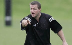 Campbell Johnstone helps organise the defensive line during the Junior All Blacks training session at North Harbour Stadium, Auckland, New Zealand on Wednesday 23 May 2007. Photo: Hagen Hopkins/PHOTOSPORT



230507