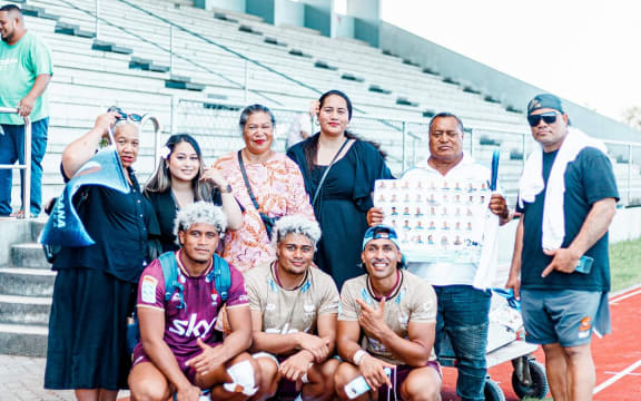Fans and families with Moana Pasifika players at Te'ufaiva Stadium in Nuku'alofa ahead of their clash against the Highlanders on Saturday. Photo: Moana Pasifika.