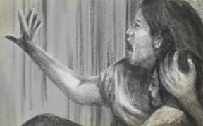 Charcoal sketch of woman protecting child
