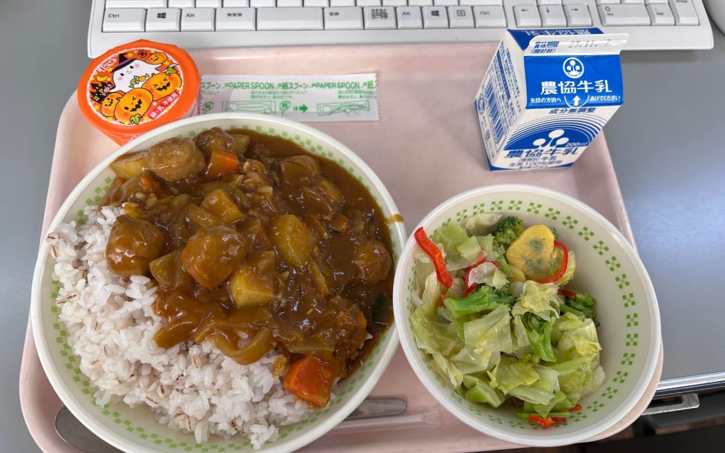 A meal from Kyuushoku (the Japanese school lunch programme), featuring Japanese curry.