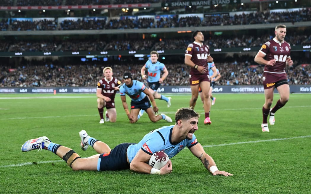 Angus Crichton of the Blues during the State of Origin Game Two match, Melbourne, 2024.