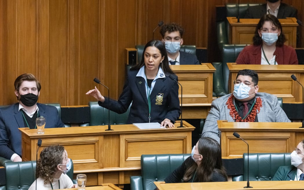 Daisy Tumataroa (Youth MP for Ian McKelvie) in action during the Youth Parliament 2022.