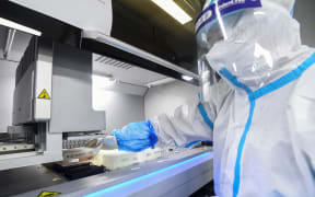 A laboratory technician wearing personal protective equipment (PPE) working on samples to be tested for the Covid-19 coronavirus at the Fire Eye laboratory, a Covid-19 testing facility, in Wuhan in China's central Hubei province.