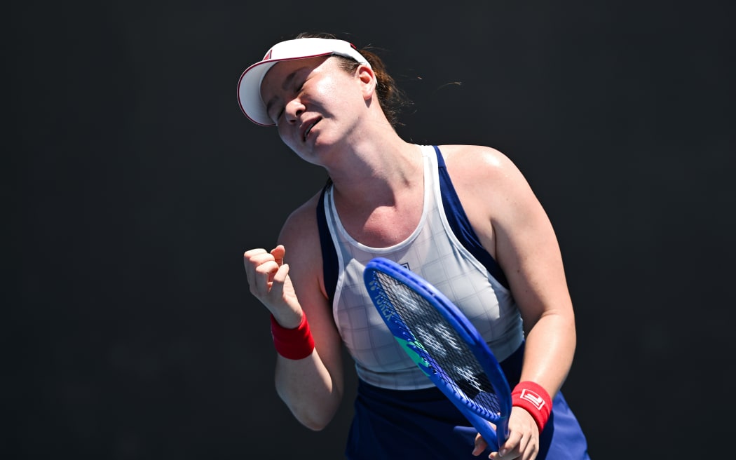 Lulu Sun of New Zealand reacts during the Women’s 1st round match against Linda Fruhvirtova of the Czech Republic.