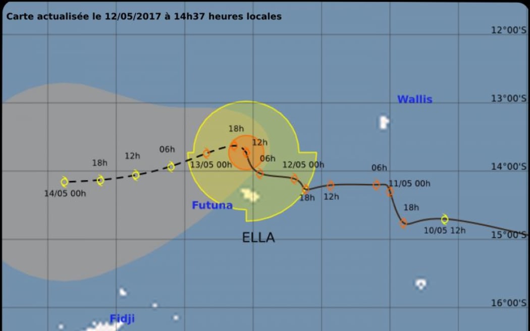 The forecast trajectory of Cyclone Ella, skirting the northern coast of the French Pacific island of Futuna.