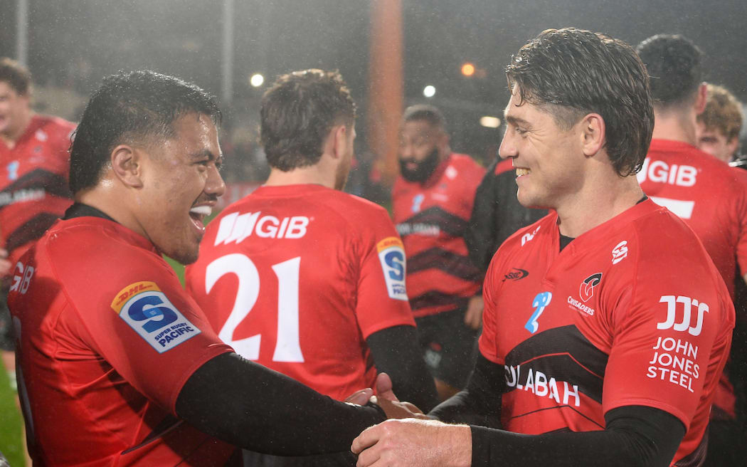 Ioane Moananu and James O'Connor of the Crusaders celebrate.