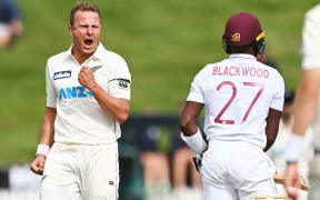 Neil Wagner celebrates the wicket of Jermaine Blackwood before the decision is reversed, New Zealand Black Caps v West Indies, Day 3 of the 1st international cricket test at Seddon Park, Hamilton on Saturday 5th December 2020.