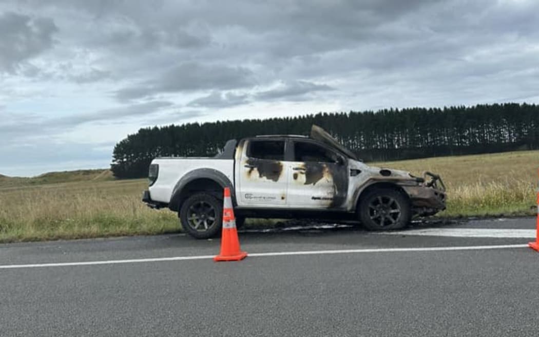 Ute fire on State Highway 3 near Whangaehu on 18 January, 2023.