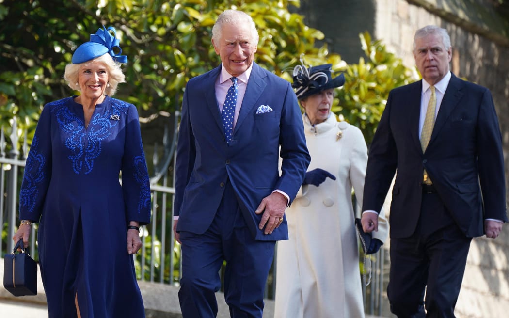 Britain's King Charles III (2L) and Britain's Camilla, Queen Consort (L) walk with Britain's Princess Anne, Princess Royal (2R), and Britain's Prince Andrew, Duke of York as they arrive for the Easter Mattins Service at St. George's Chapel, Windsor Castle on April 9, 2023. (Photo by Yui Mok / POOL / AFP)